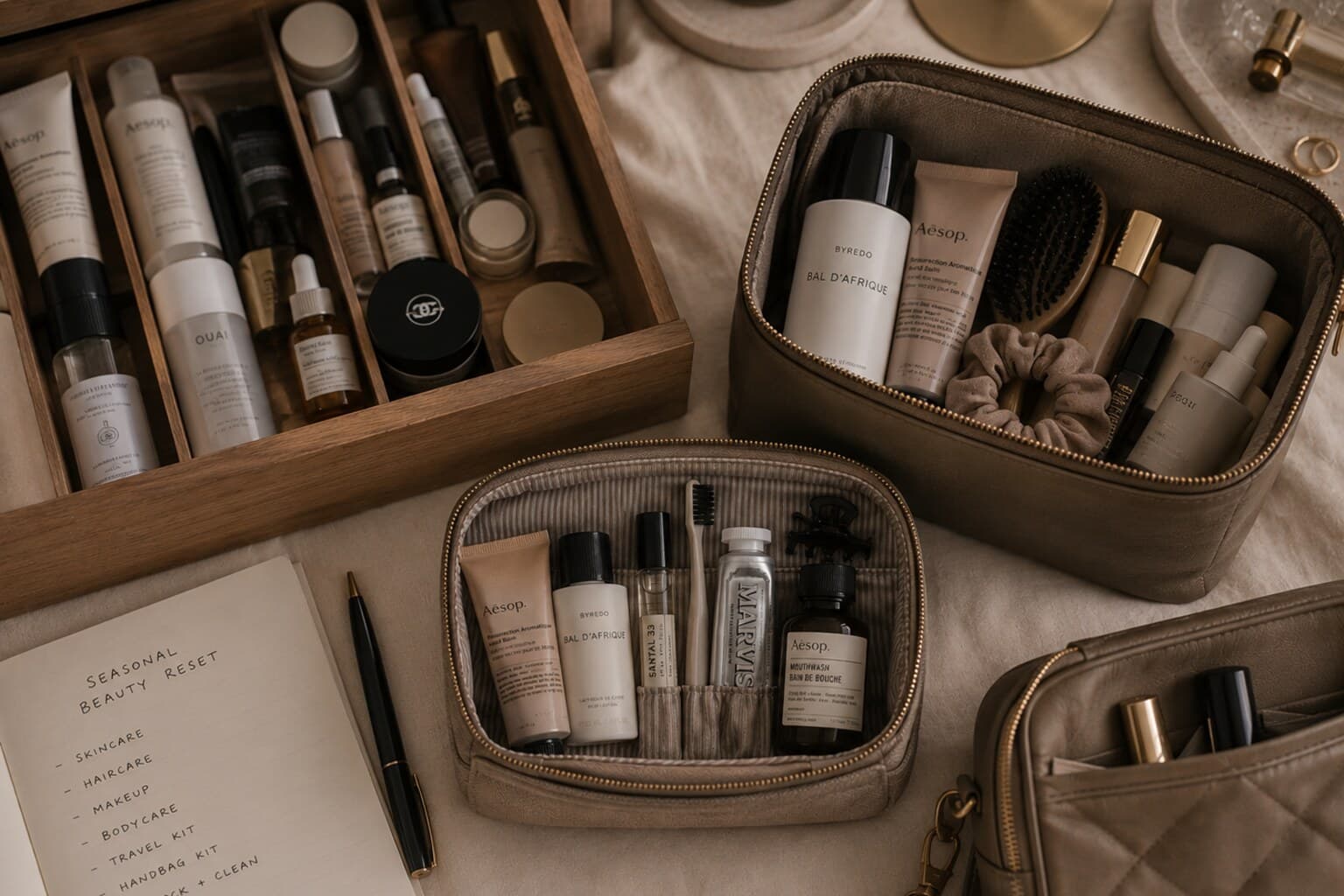 A beauty drawer, travel case and handbag kit reviewed together during a seasonal reset.