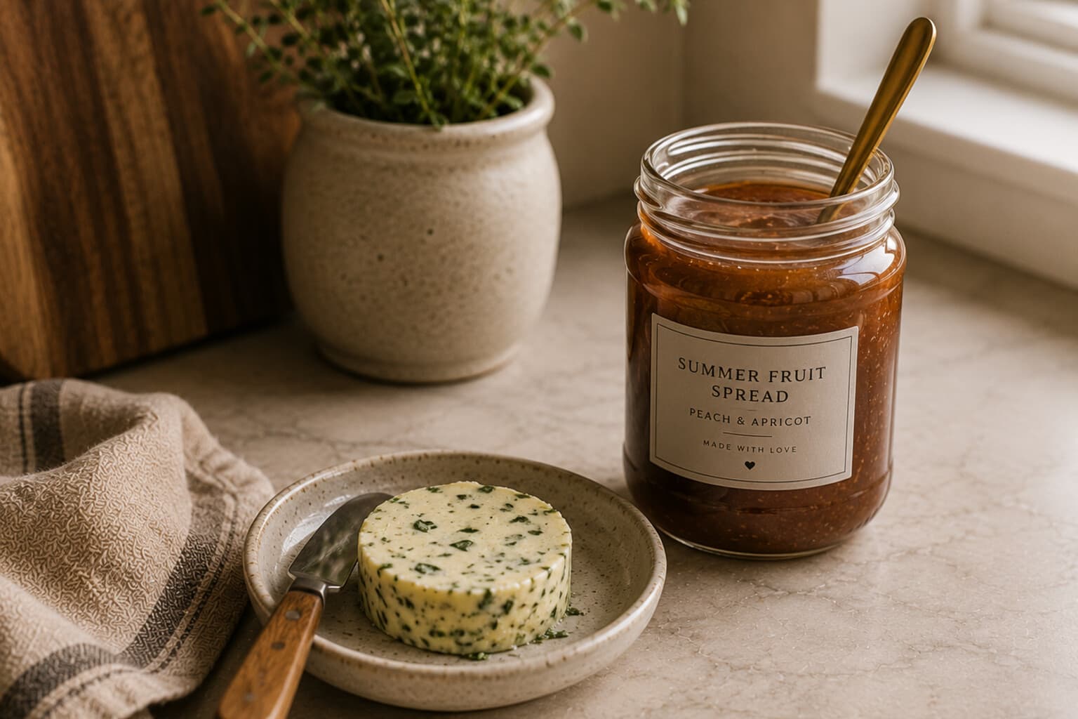 A small dish of herb butter beside a jar of fruit spread on a kitchen counter.