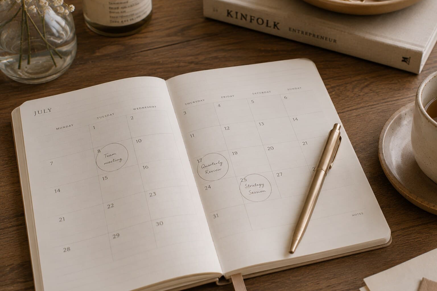 An open calendar and pen resting on a desk, with a few dates circled in soft pencil.