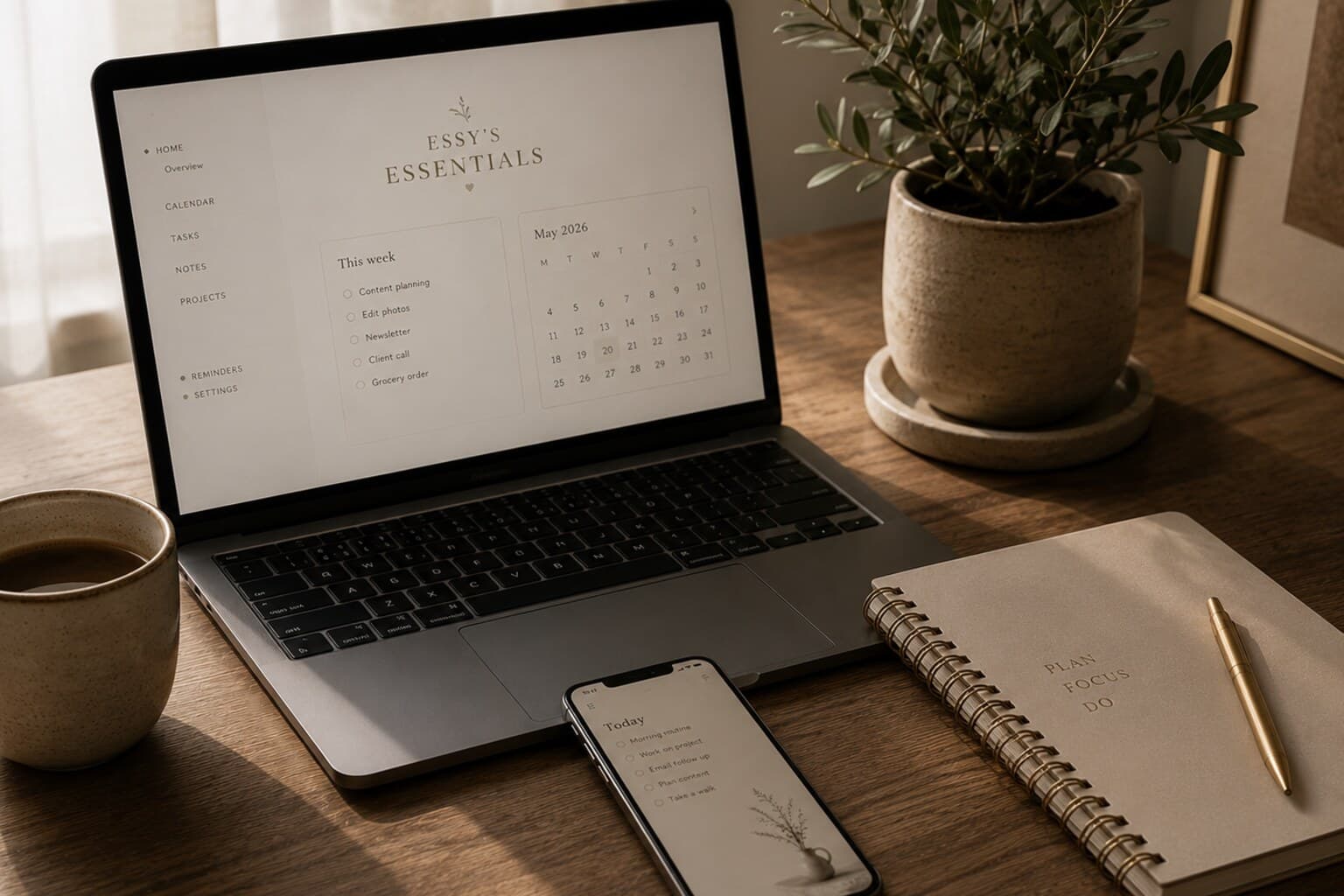 A laptop, phone and notebook arranged neatly on a desk beside a small potted plant.