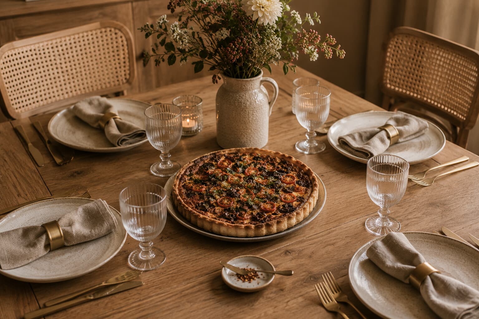 A table set for four with a shared tart and a small vase of seasonal flowers.