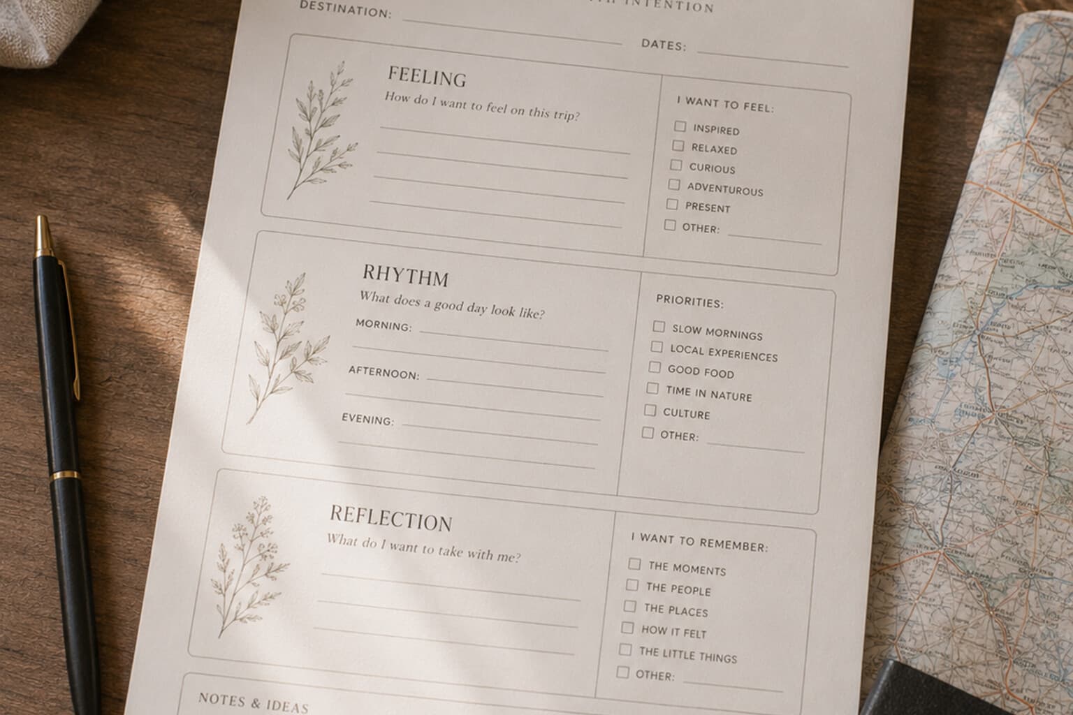 A printable travel planning template laid out with fields for feeling, rhythm and reflection.