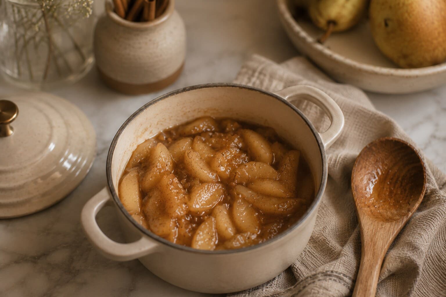 A small pot of stewed pear compote with a wooden spoon resting beside it.