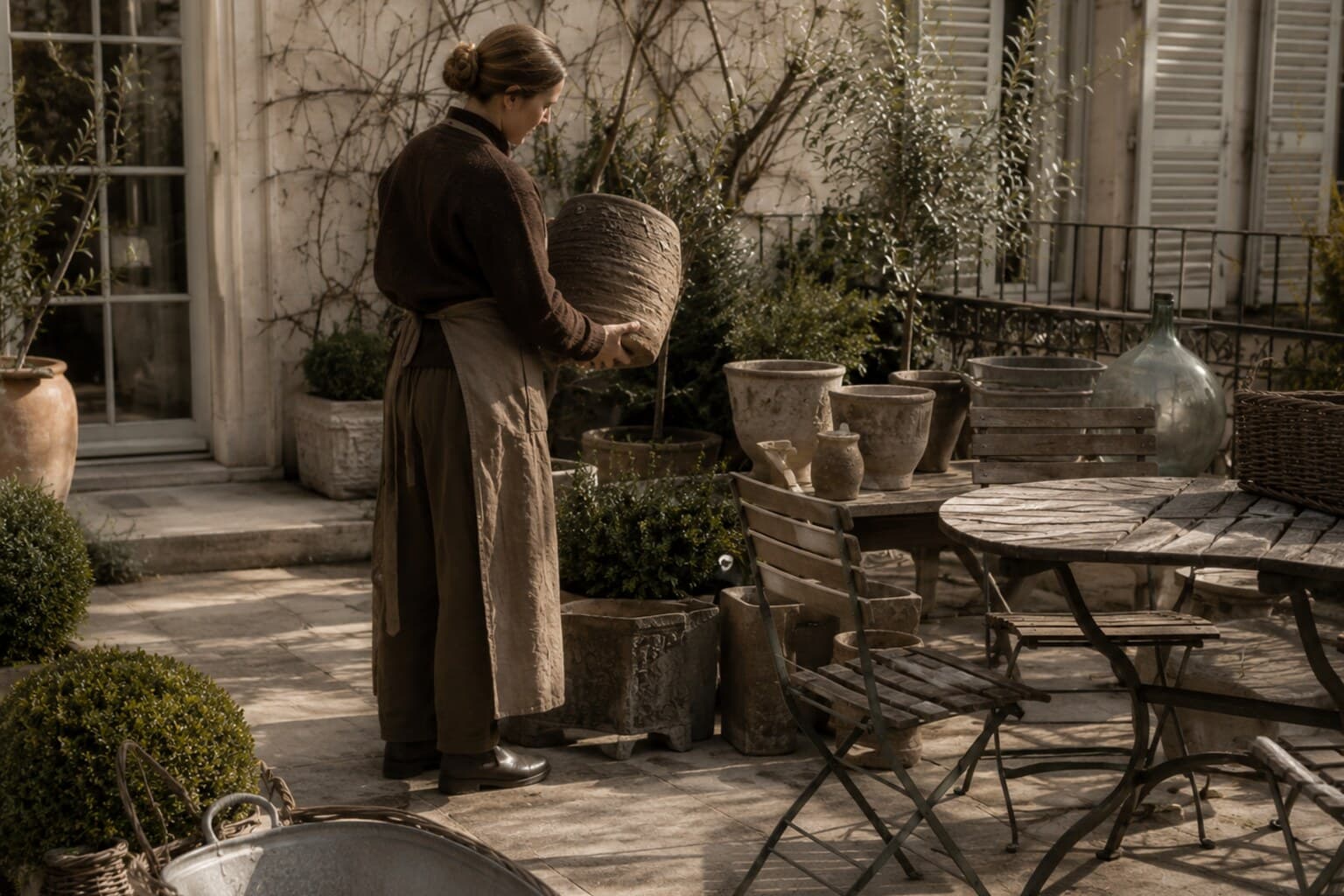 A gardener reviewing containers and furniture on a terrace between seasons.