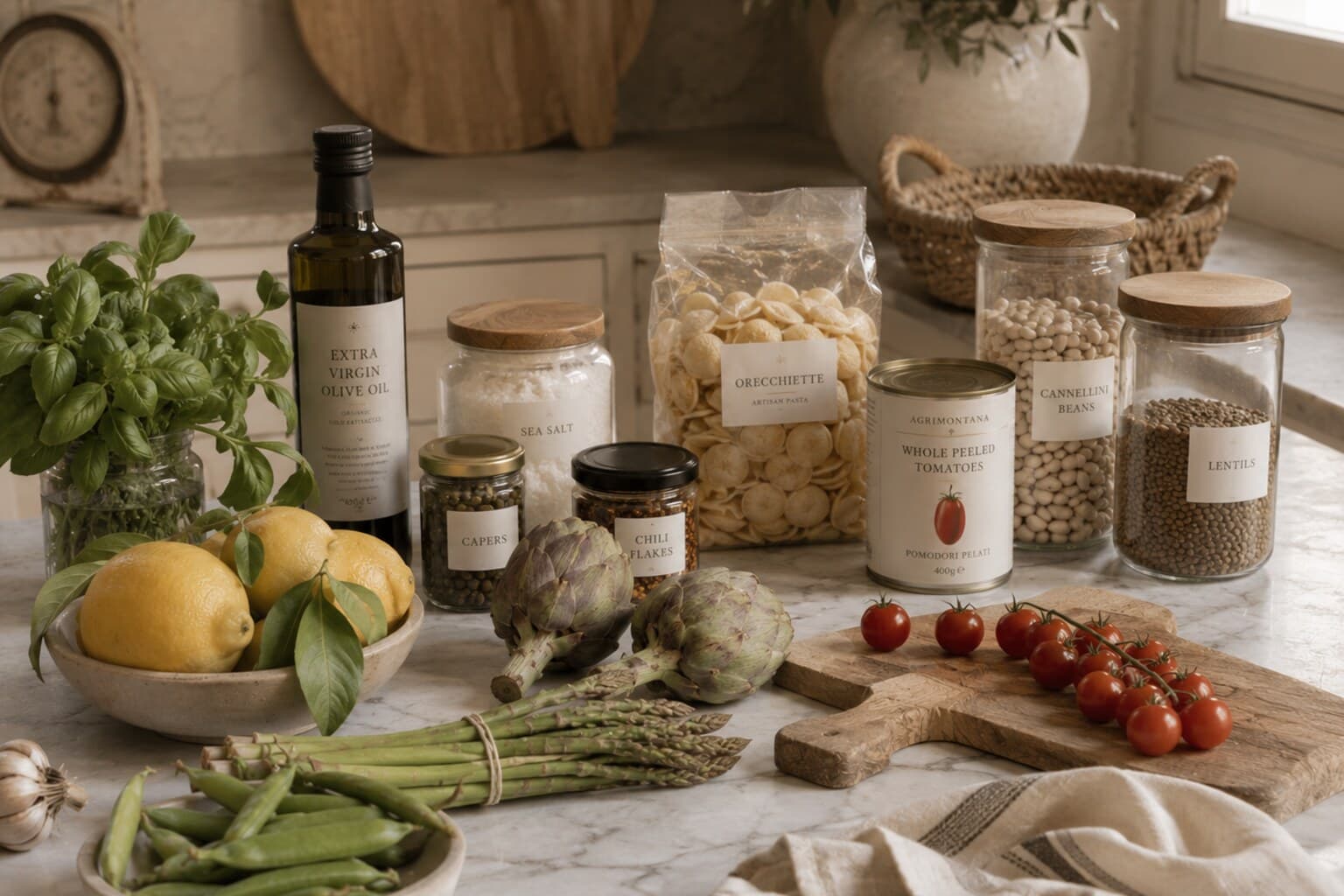 A kitchen counter with seasonal ingredients and pantry staples laid out for review.