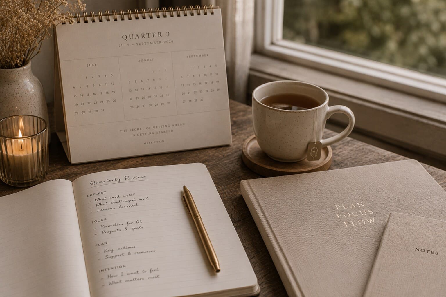 A notebook, calendar and cup of tea laid out on a table beside a window, ready for a quiet quarterly review.