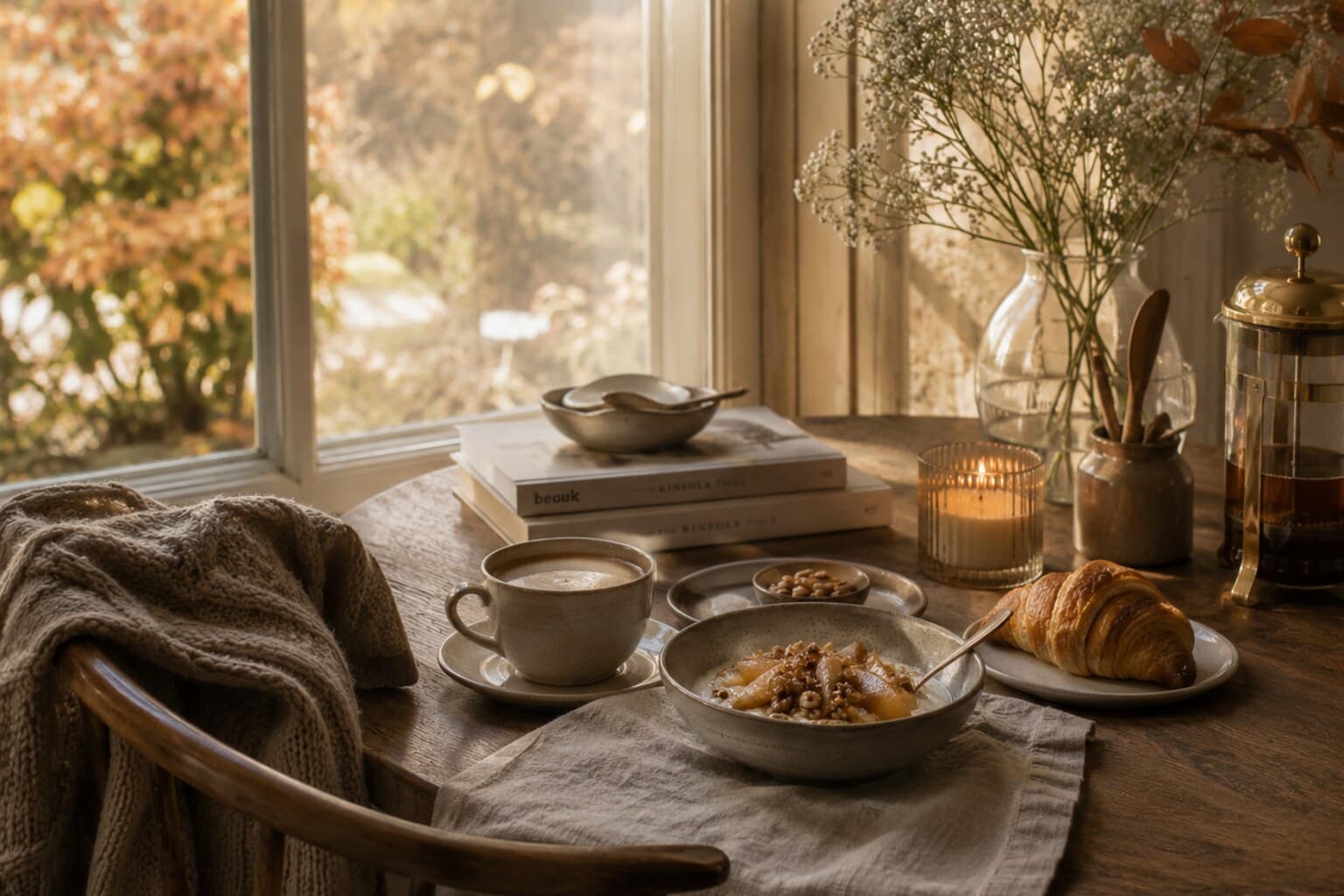 A breakfast table set beside a window with soft, changing seasonal light.