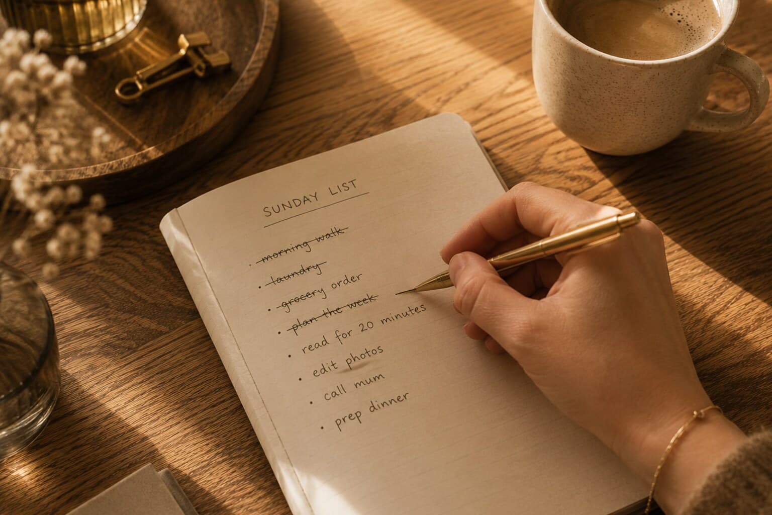 A hand crossing off items on a simple handwritten list beside a cup of coffee.