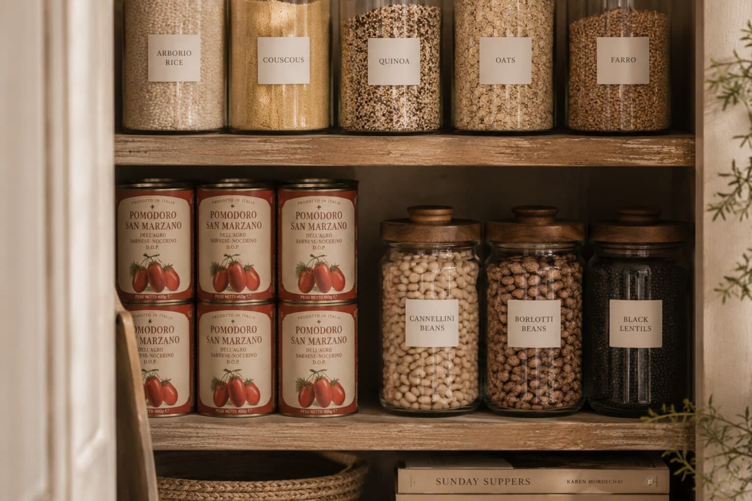 A pantry shelf with labelled jars of grains, tinned tomatoes and dried beans grouped together.