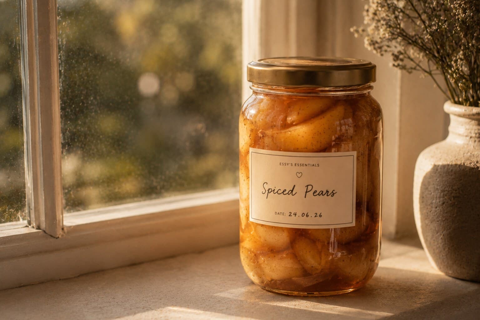 A single labelled jar of preserved fruit set on a windowsill in late-afternoon light.