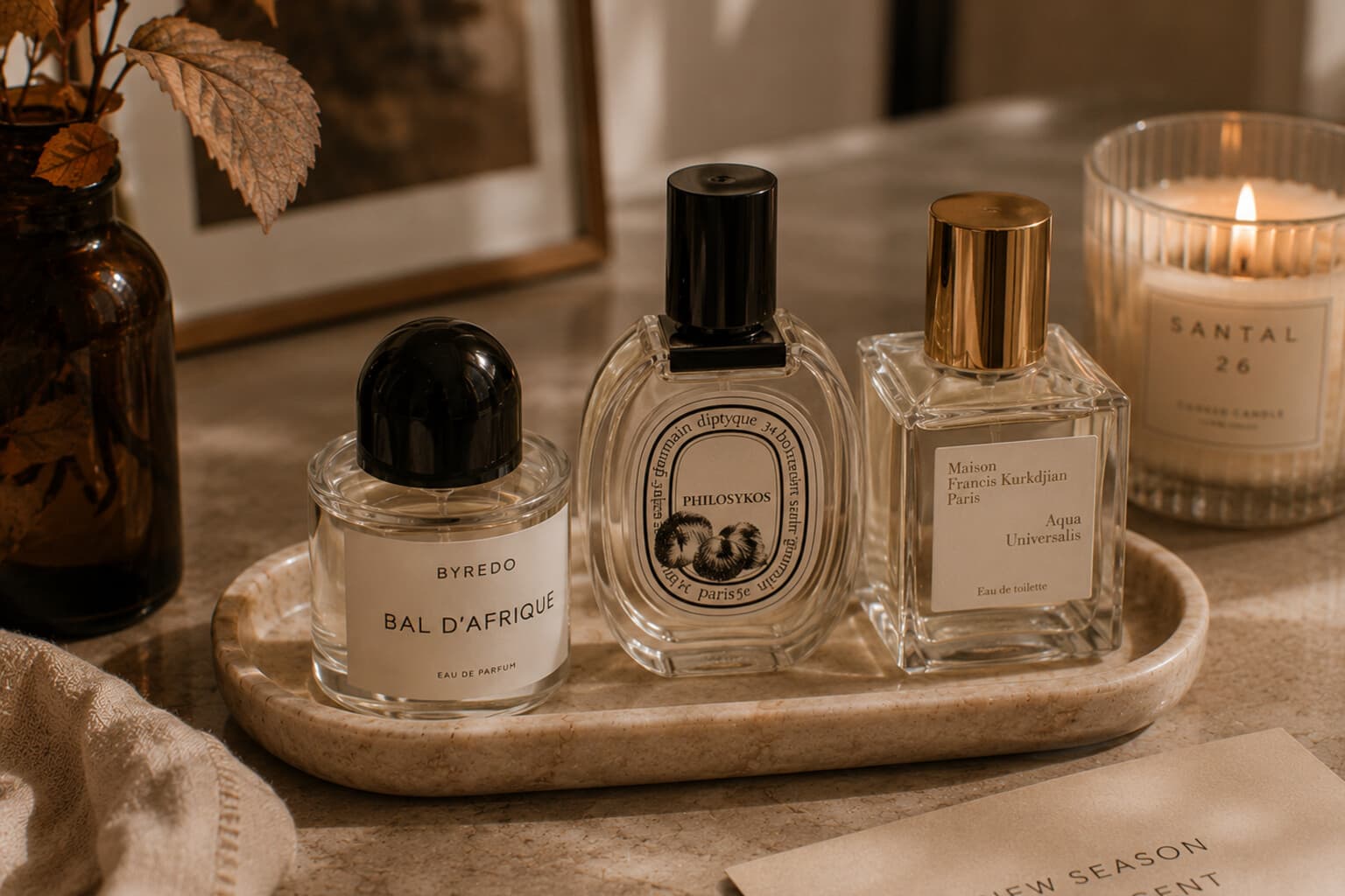 Three perfume bottles arranged on a small tray marking a seasonal fragrance change.