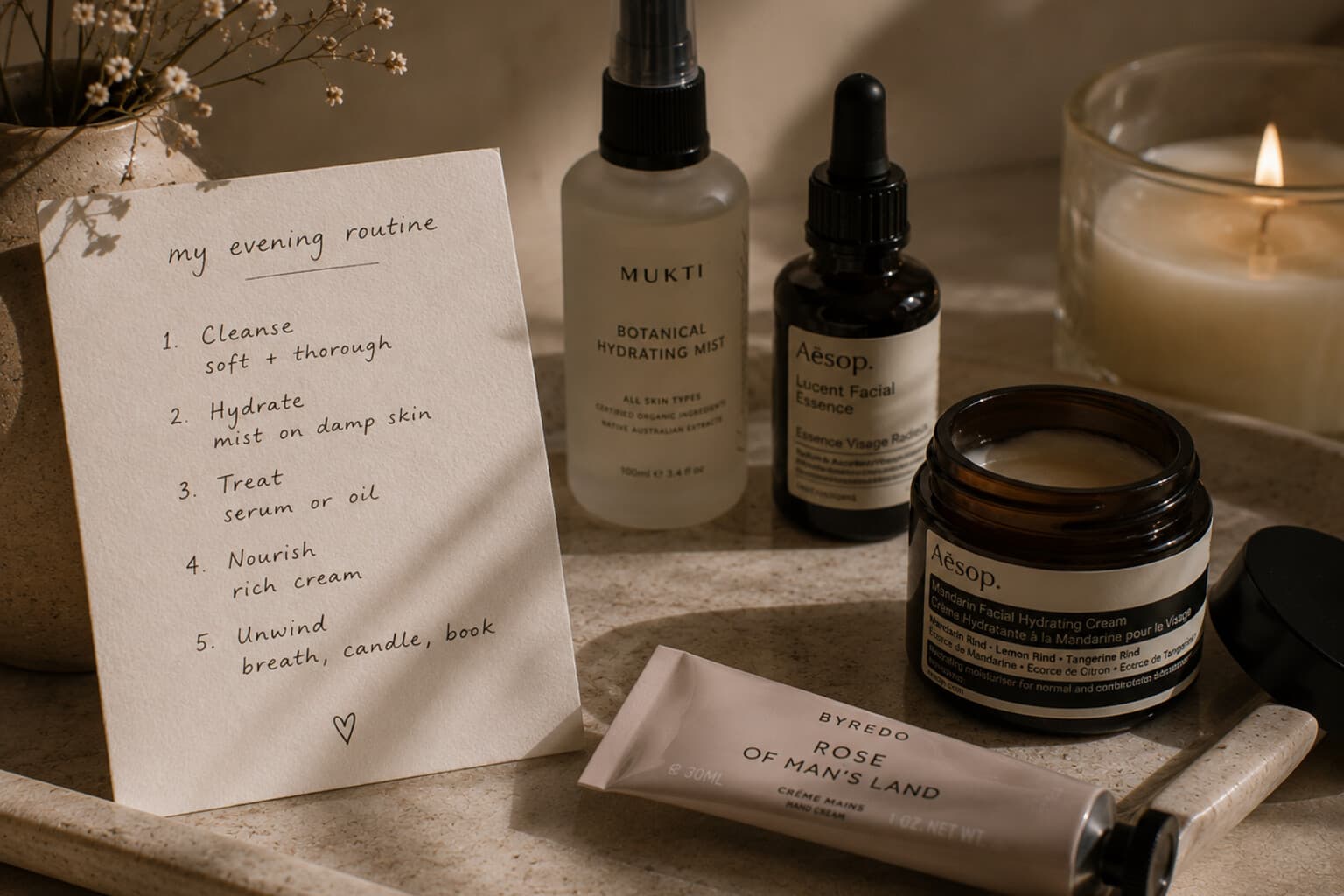 A handwritten routine card beside a small edited group of skincare products.