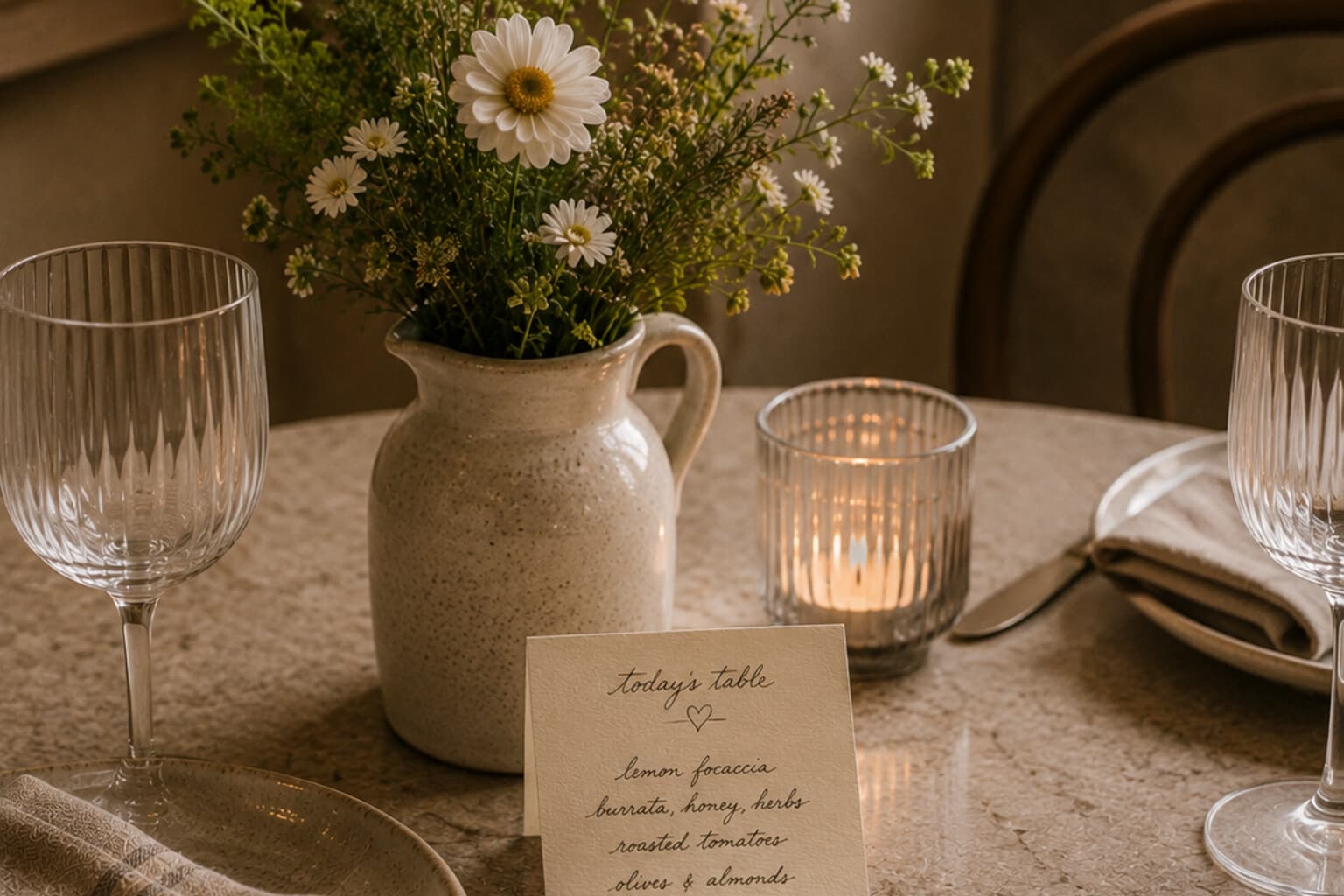 A small table set with one seasonal centrepiece and a familiar handwritten menu card.