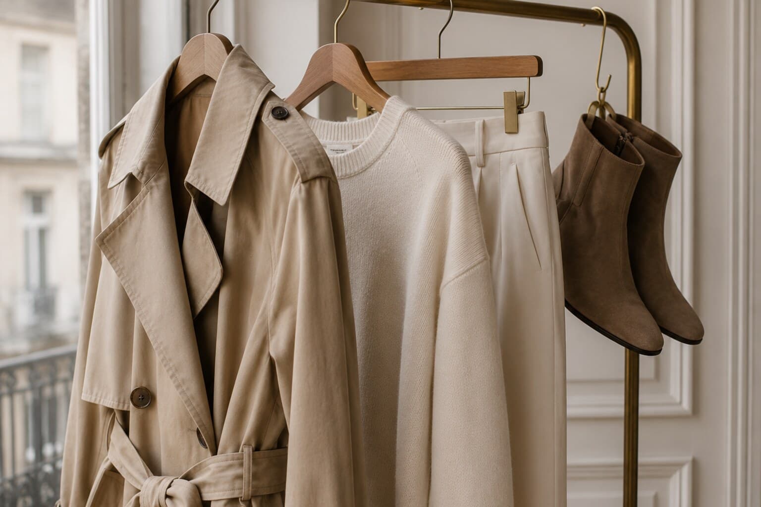 A small rail of transitional pieces - a trench coat, a fine knit and ankle boots.