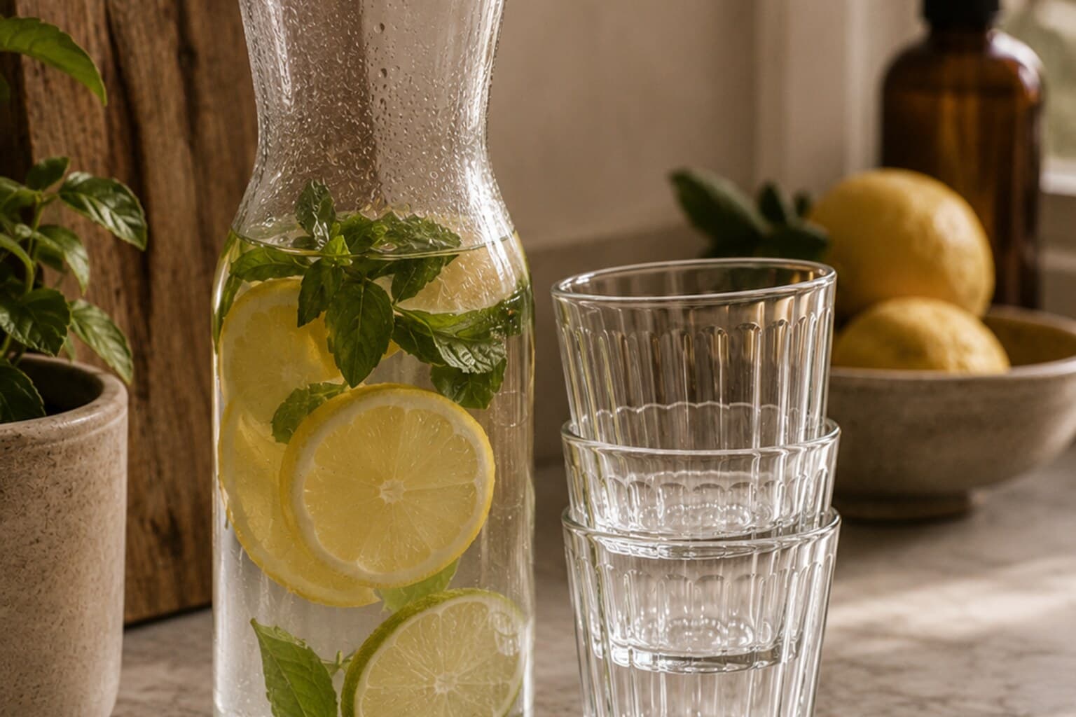 A glass carafe of citrus-infused water beside stacked glasses on a kitchen counter.