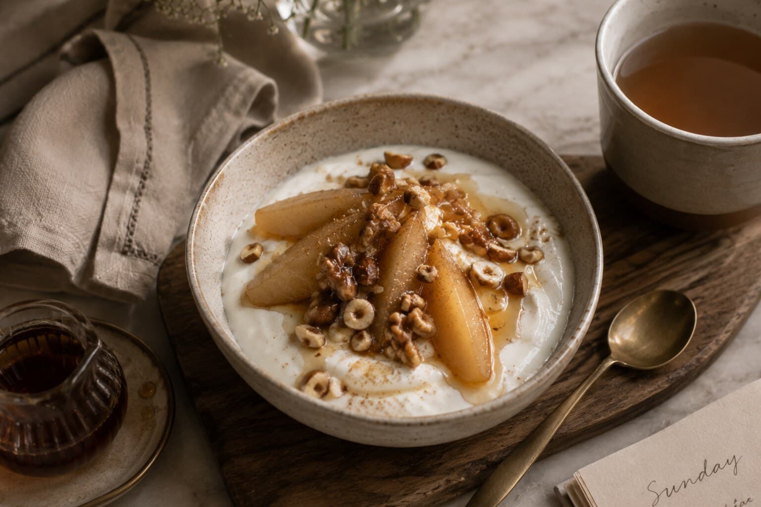 A yoghurt bowl topped with stewed pear, toasted nuts and a drizzle of maple syrup.