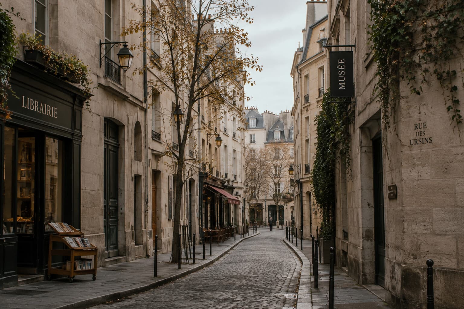 A quiet European city street with few visitors during the shoulder season.