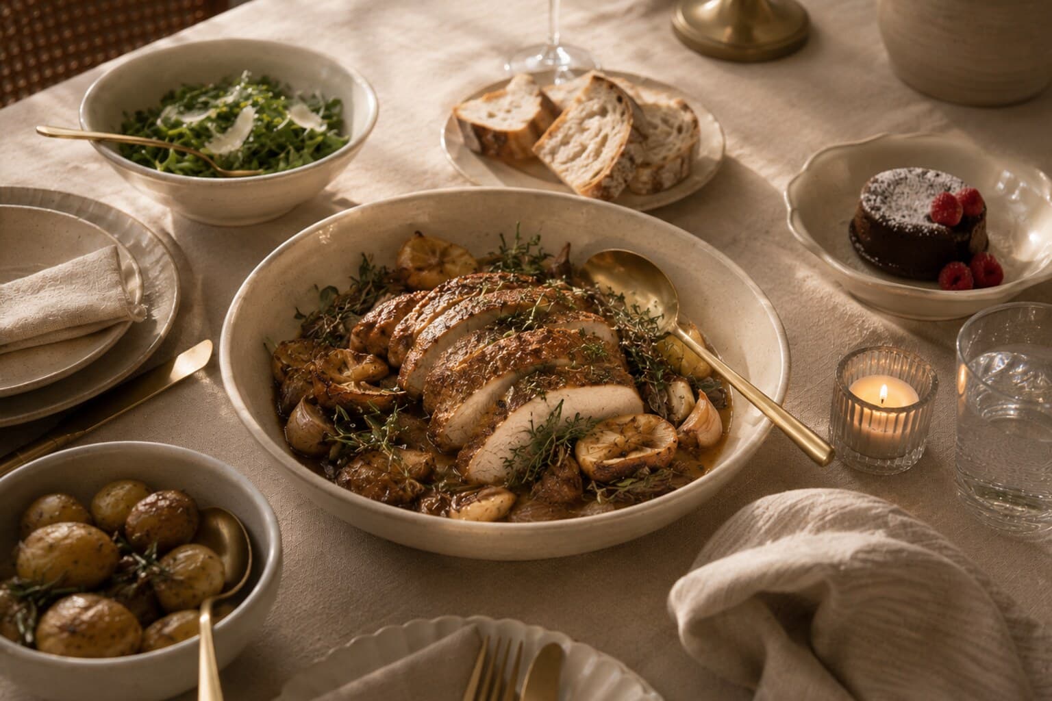 A generous main dish surrounded by one side, bread and a simple dessert on a set table.