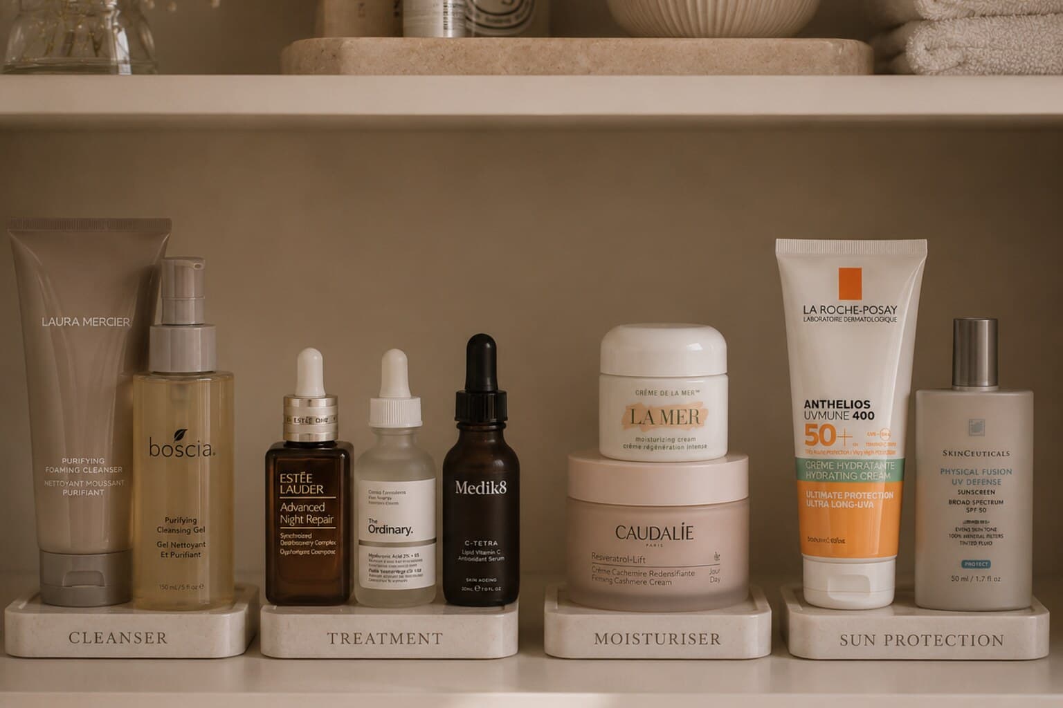 A small organised skincare shelf grouped by cleanser, treatment, moisturiser and sun protection.