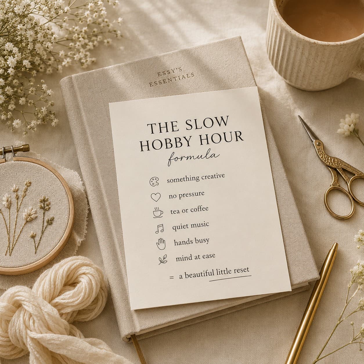 A printed "The Slow Hobby Hour Formula" card listing something creative, no pressure, tea or coffee, quiet music, hands busy and mind at ease, styled on a linen-bound notebook beside an embroidery hoop, wool and a cup of tea.