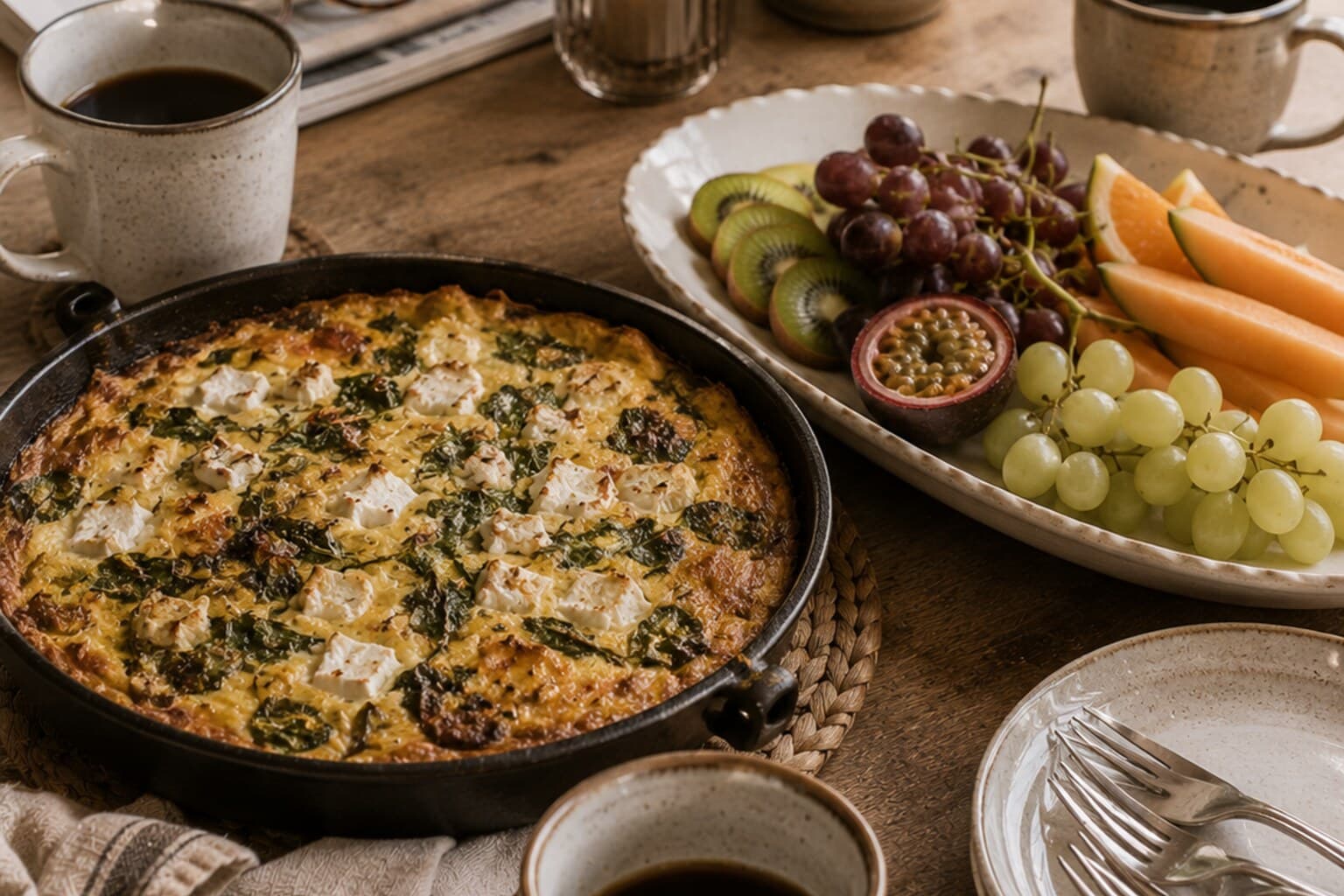 A warm frittata and a fruit platter set on a table alongside coffee cups.
