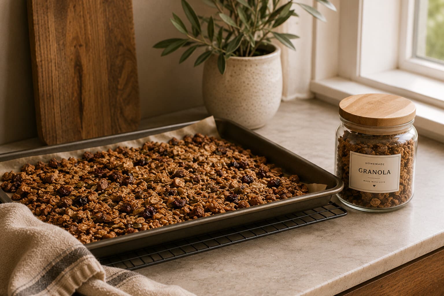 A tray of freshly baked granola cooling beside a small labelled storage jar.