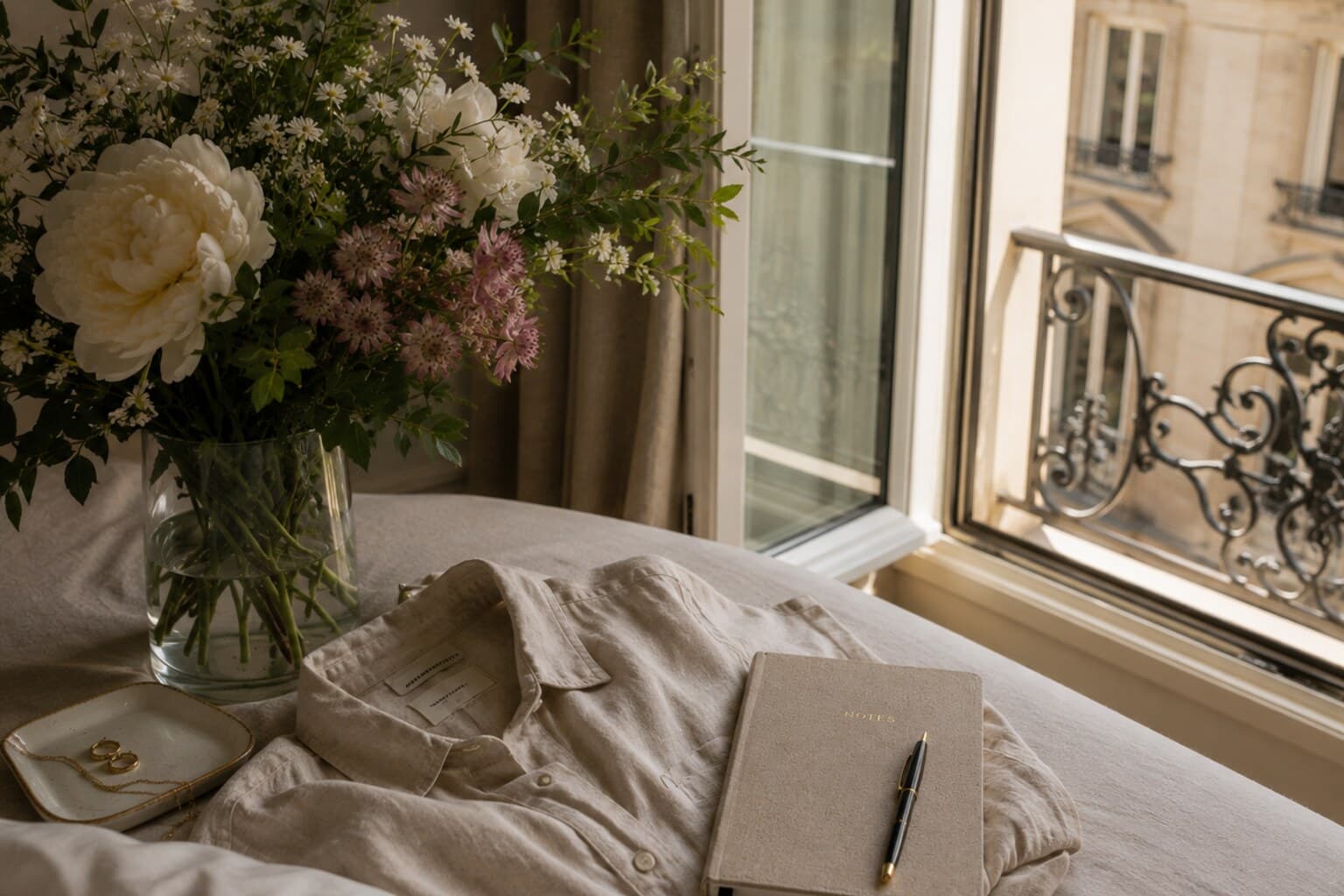Fresh flowers, a linen shirt and a notebook laid out beside a hotel room window.