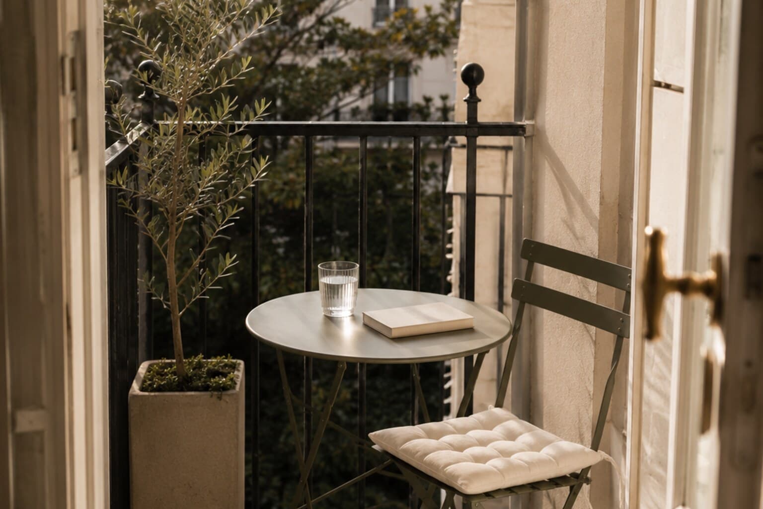 A compact balcony with one bistro chair, a small round table and a tall narrow planter.