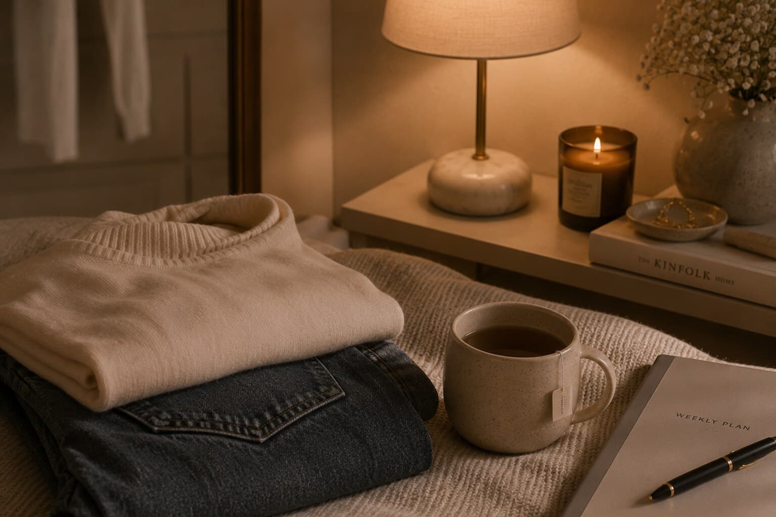 A tidy Sunday evening scene with prepared clothes, a cup of tea and soft lamplight.