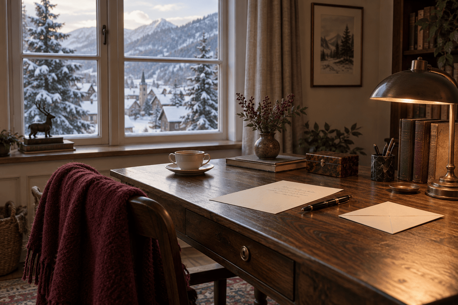 Writing paper, a pen and an envelope on a wooden desk beside a snowy village window.