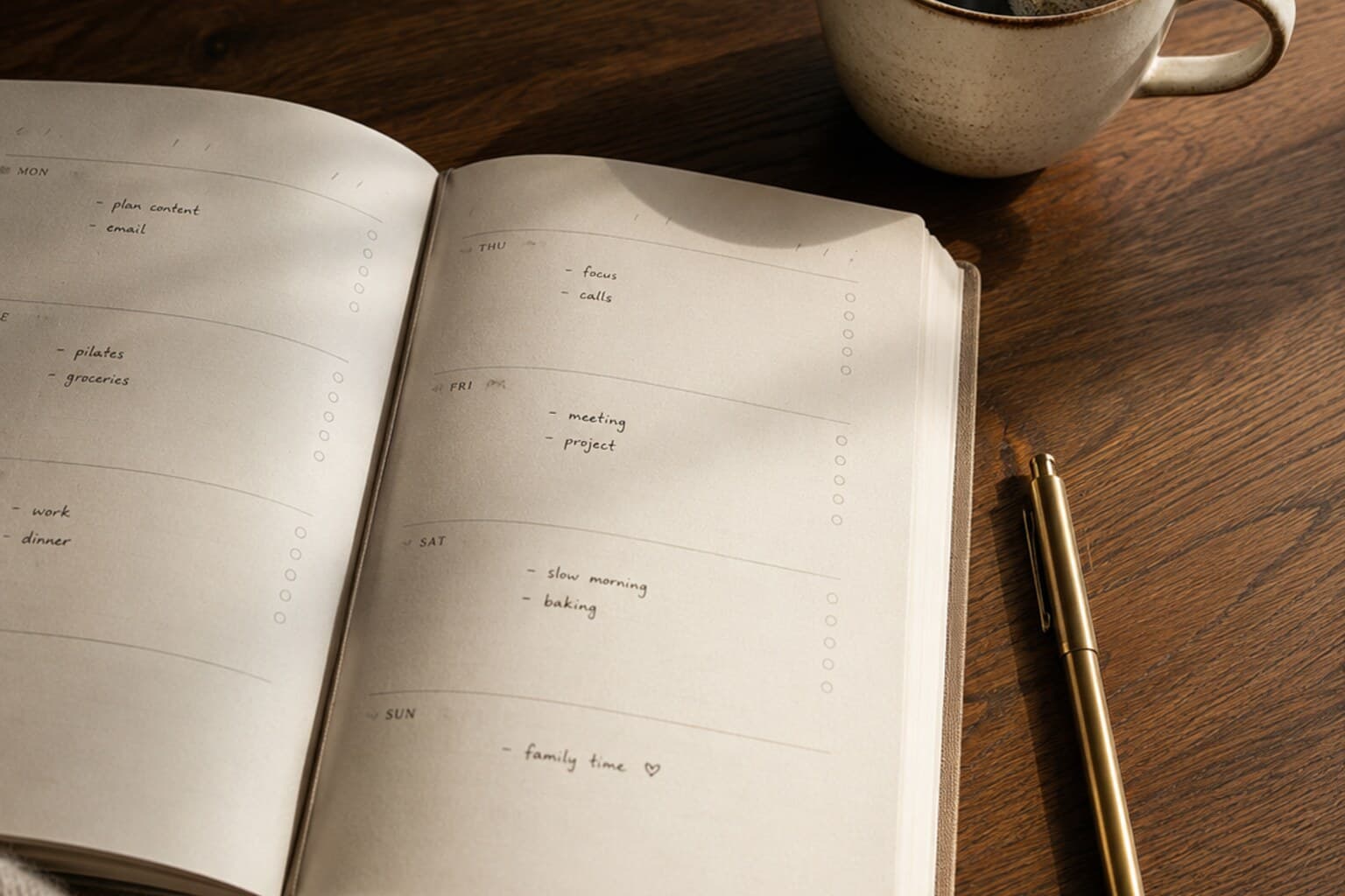 A planner, a cup of coffee and a pen laid out on a table on a quiet Sunday morning.