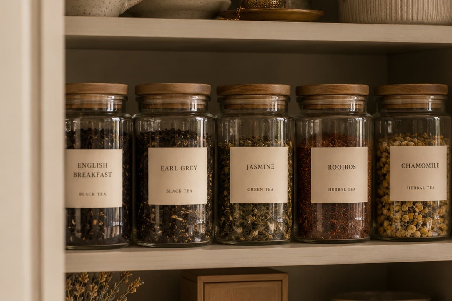 A small, tidy tea cupboard with loose tea stored in labelled airtight containers.