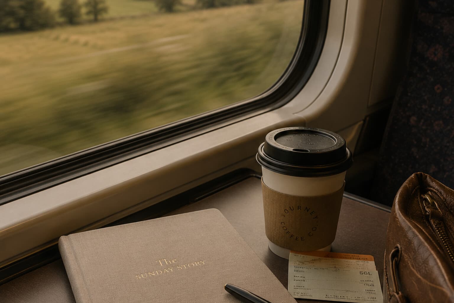 A notebook and pen resting on a train table beside a window showing passing countryside.