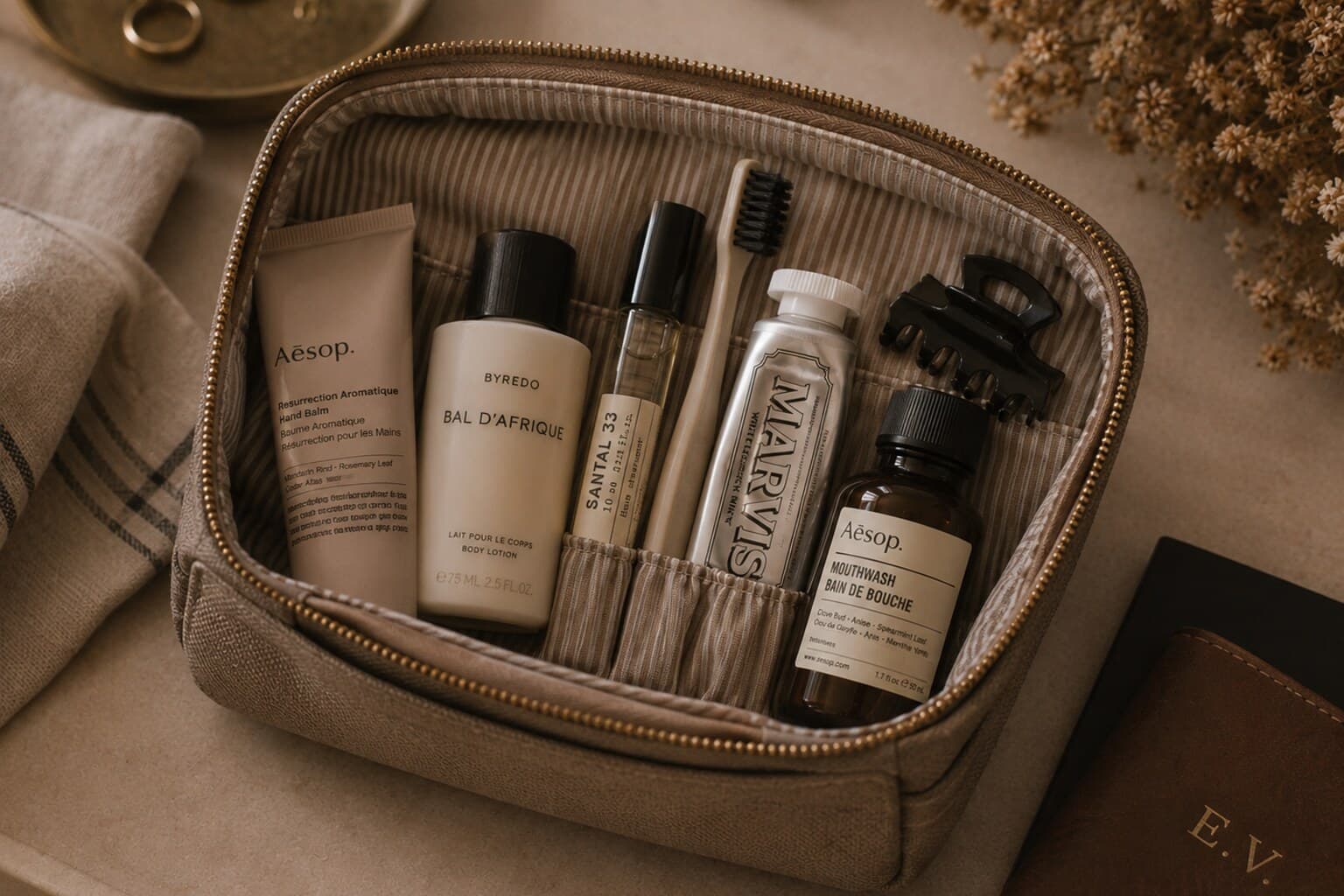 A compact travel grooming pouch packed with a small, edited set of essentials.
