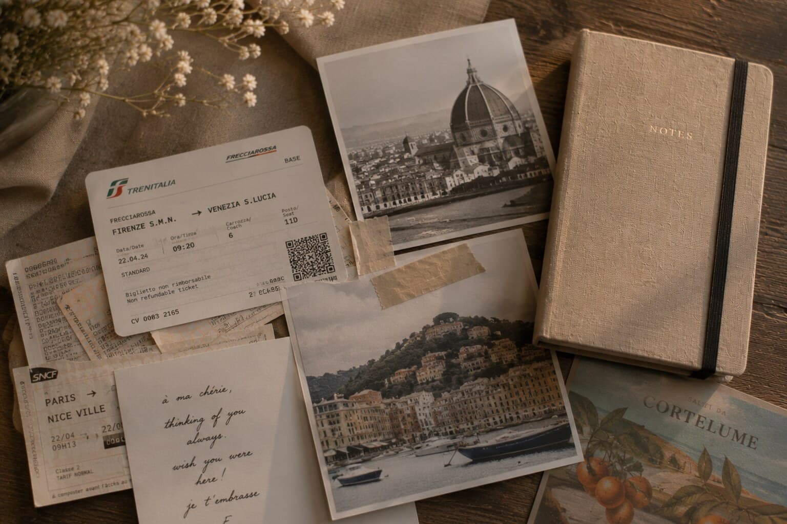 Train tickets, postcards and a small journal collected from a recent trip.