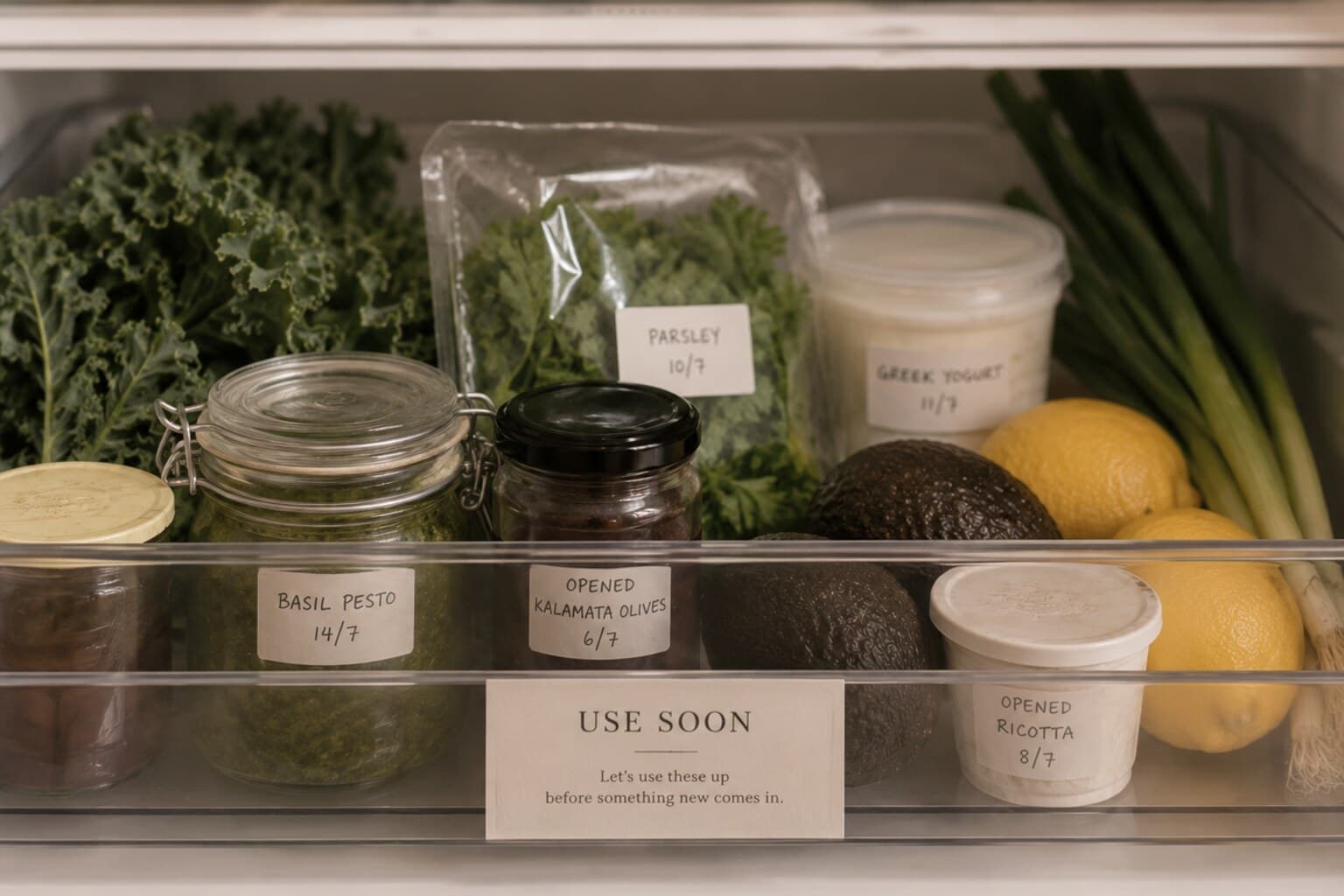 A labelled refrigerator drawer holding opened products and produce that needs using soon.