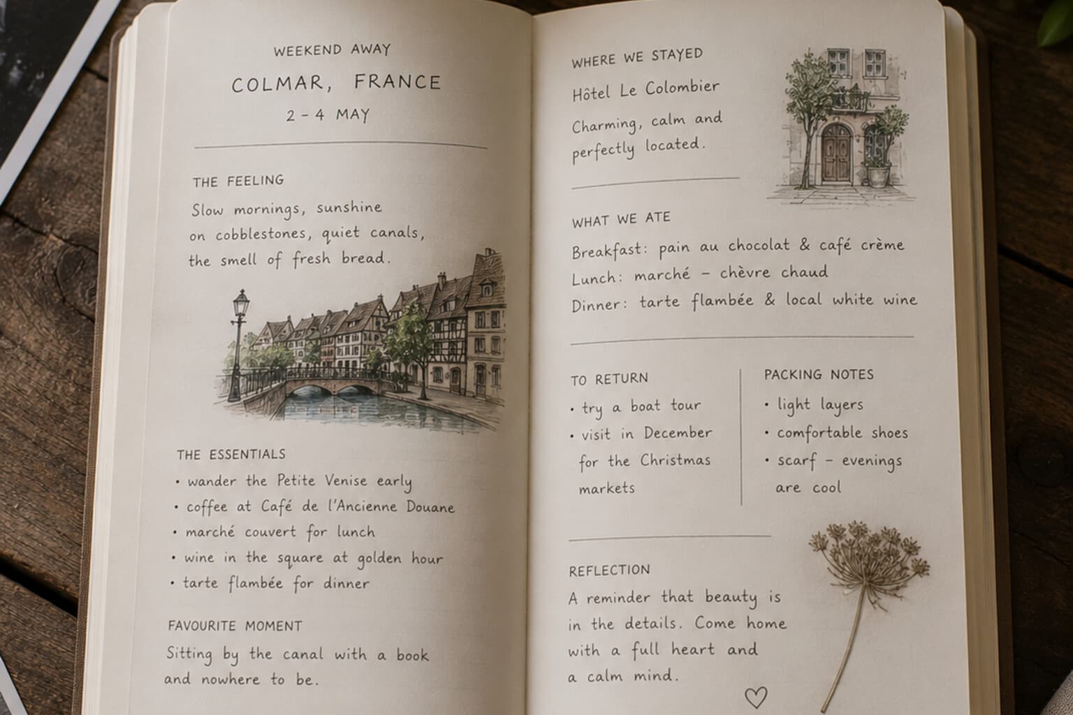 A personal journal page recording the essentials of a favourite weekend away.