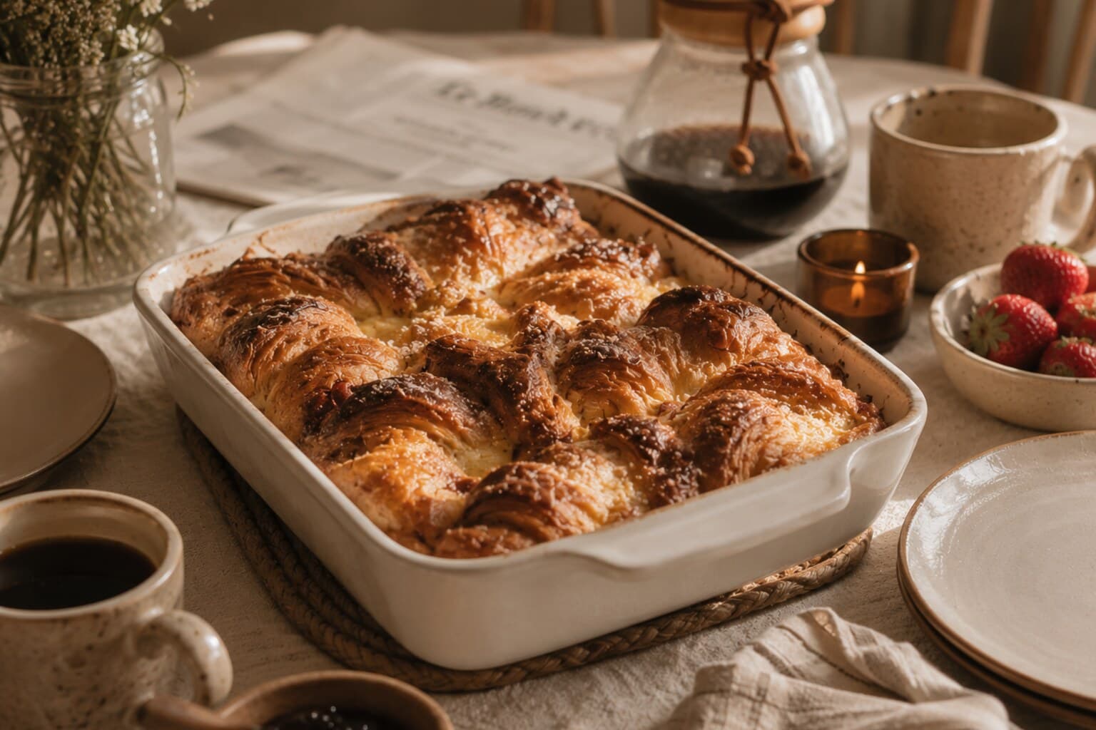 A warm croissant bake fresh from the oven on a relaxed weekend breakfast table.