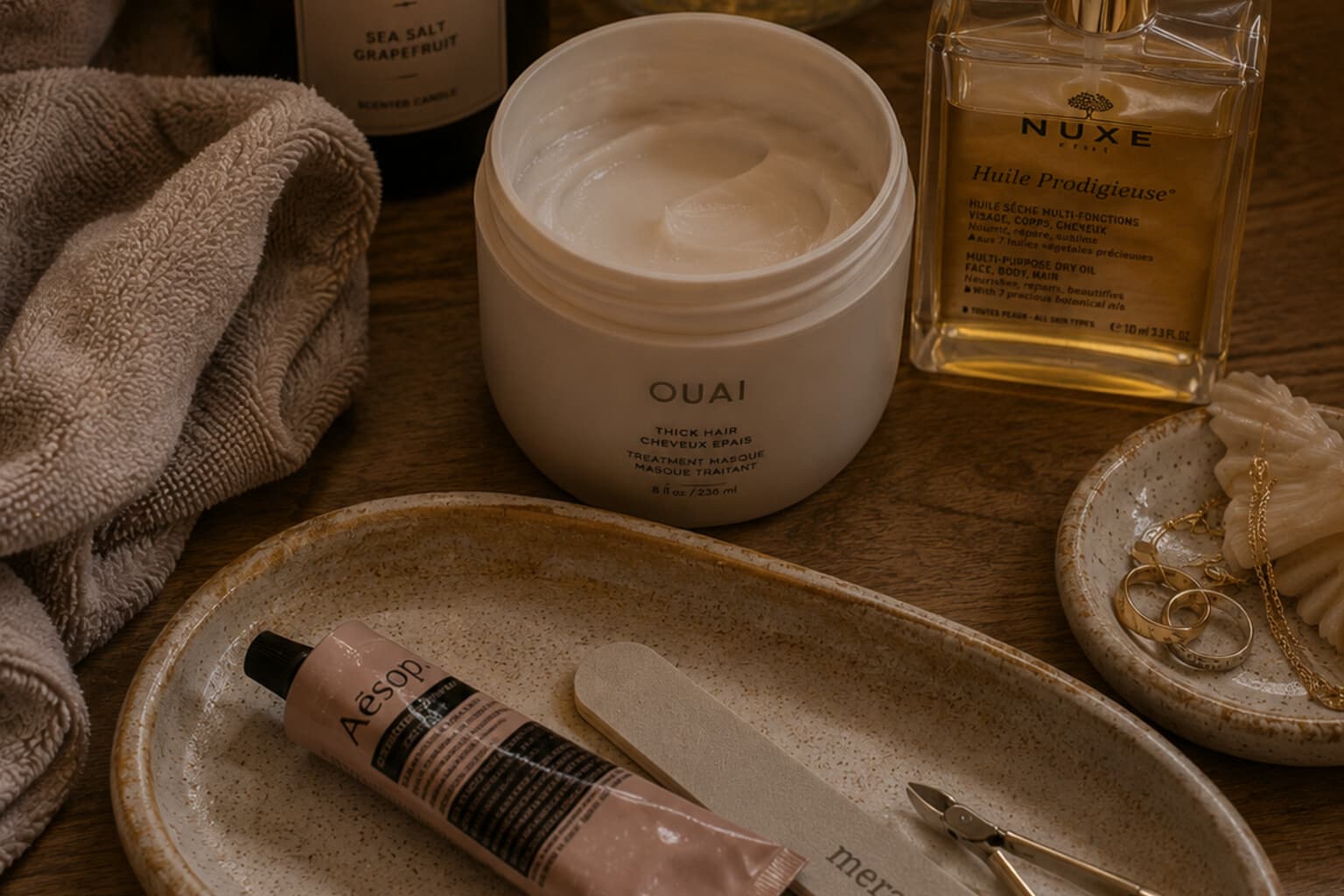 A relaxed at-home beauty setup with a hair mask, nail file and body oil laid out.
