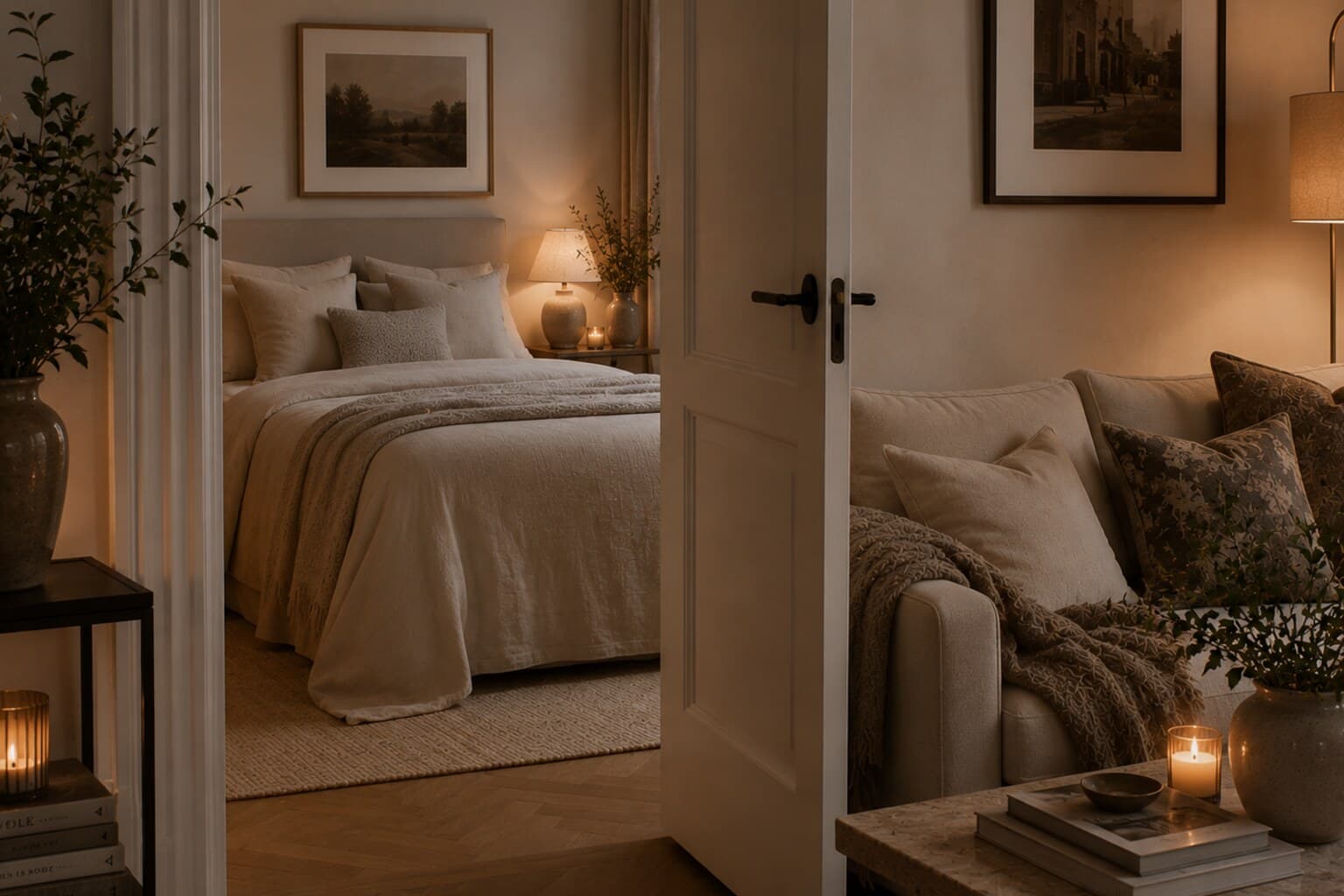 A tidy living room and made bed visible through an open door, ready for the week ahead.