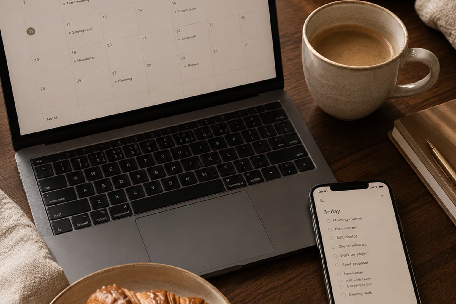 A laptop and phone side by side on a desk, showing a calendar and a task list, softly lit.