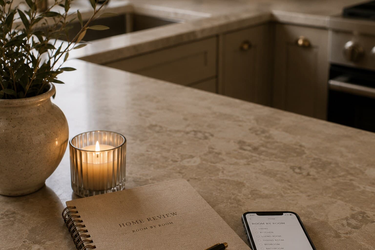 A notebook and phone resting on a kitchen counter during a room-by-room home review.