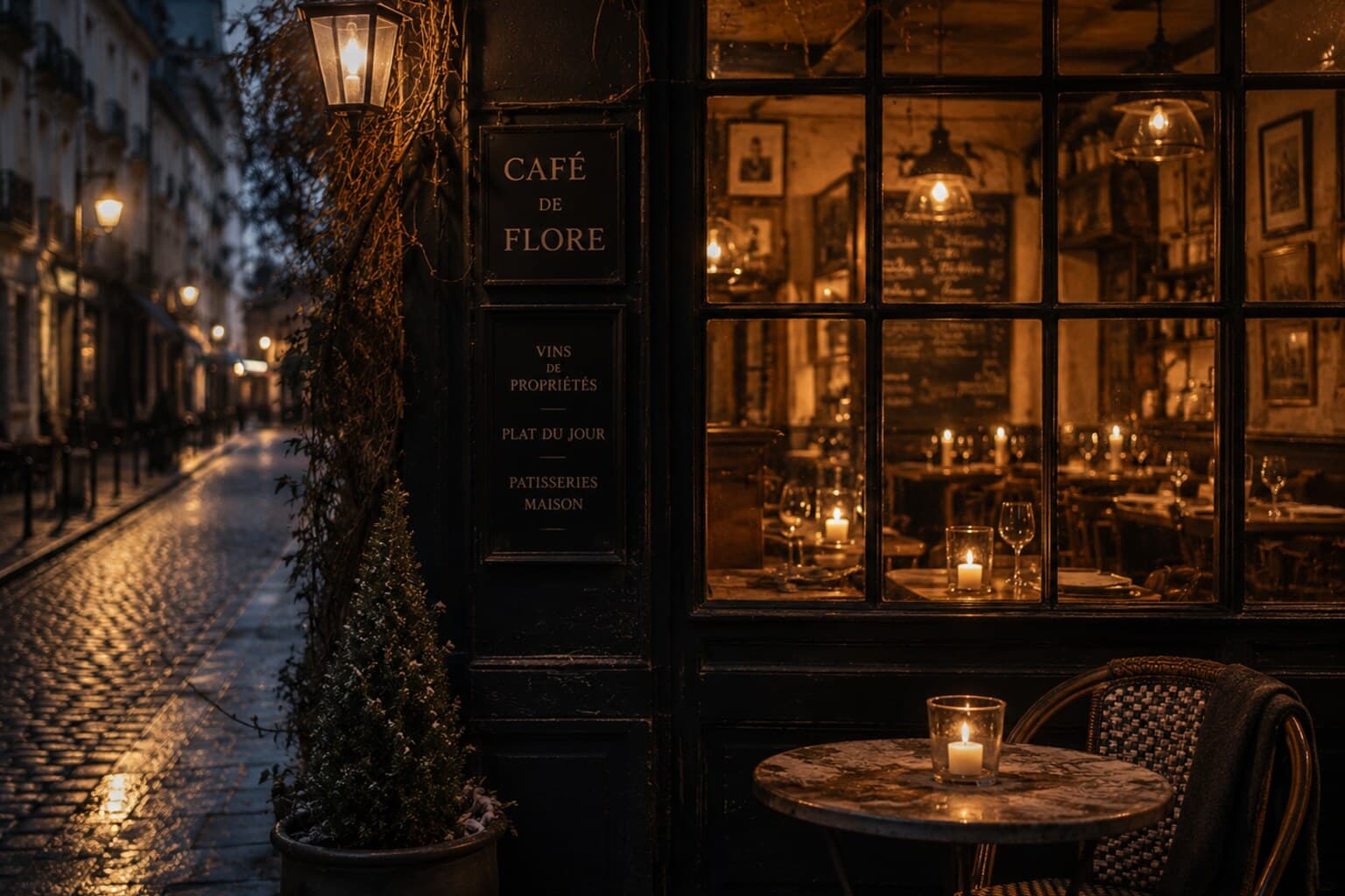 A candlelit European café window glowing warmly against a dark winter evening street.