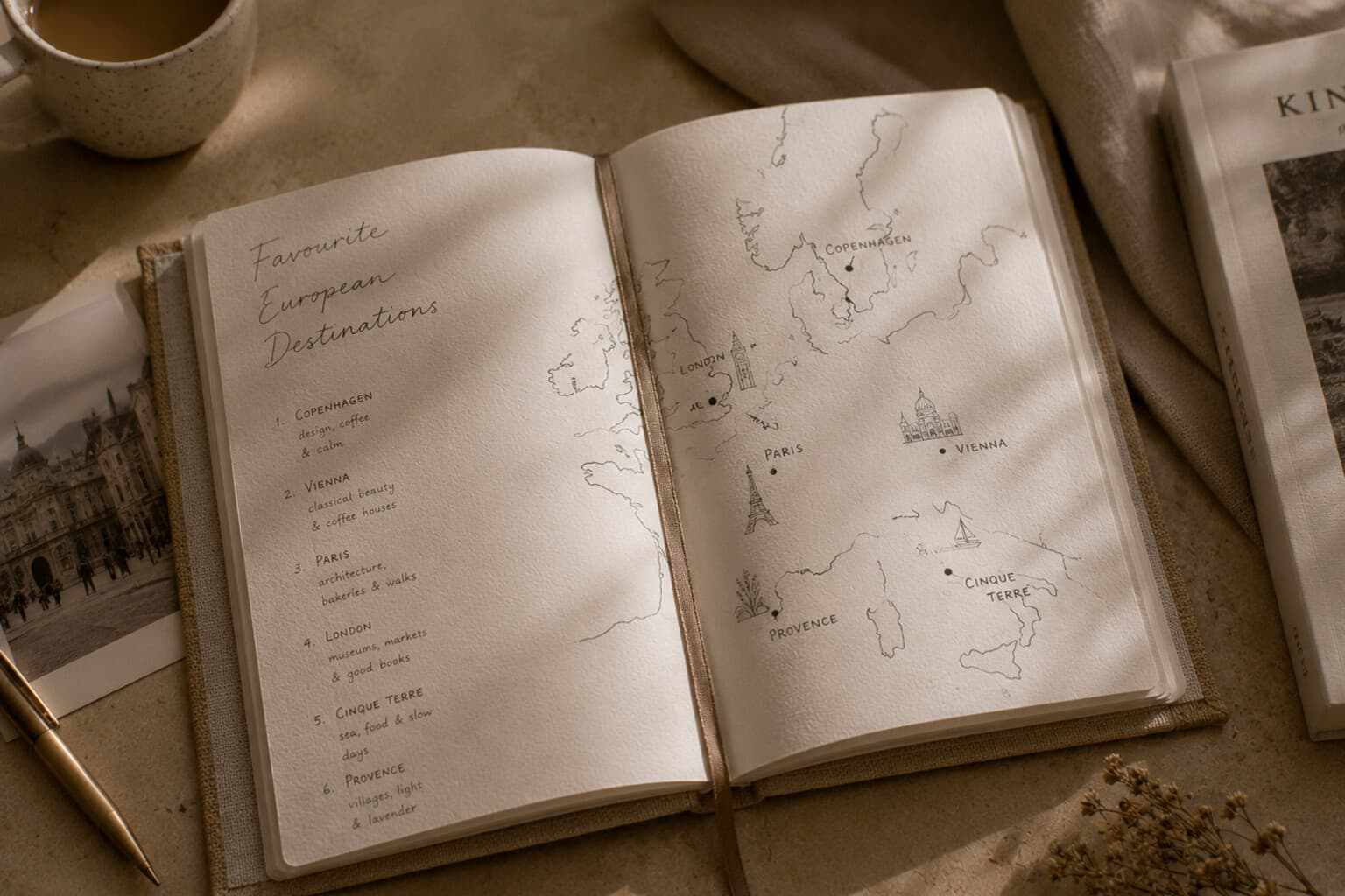 A linen-bound journal open to a hand-drawn map of favourite European destinations.