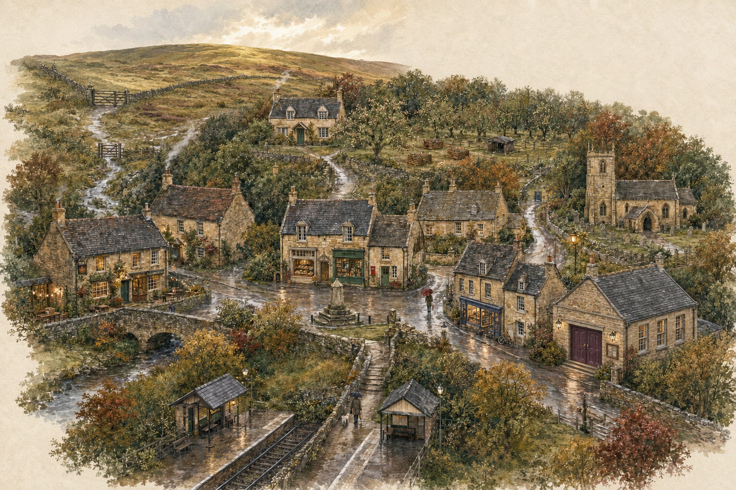 Illustrated map of Amberfell, from the station path to Alder House, Vale Orchard and Amber Fell.