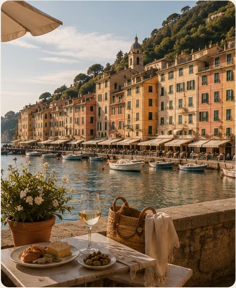 Pastel-coloured buildings lining a small harbour in Camogli, Liguria, with fishing boats on the water and a table set with wine and a light lunch in the foreground.