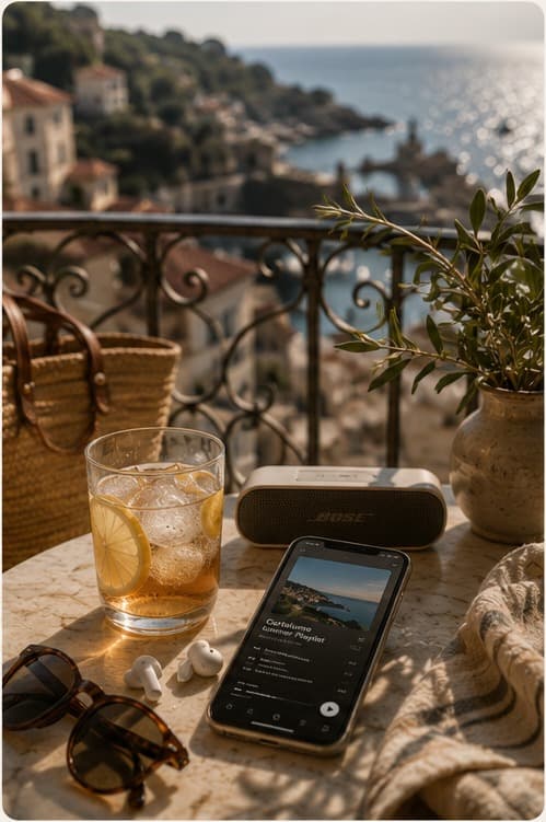 A phone showing the Cortelume Summer Playlist next to a speaker, sunglasses, earbuds and an iced drink on a balcony table overlooking the sea.