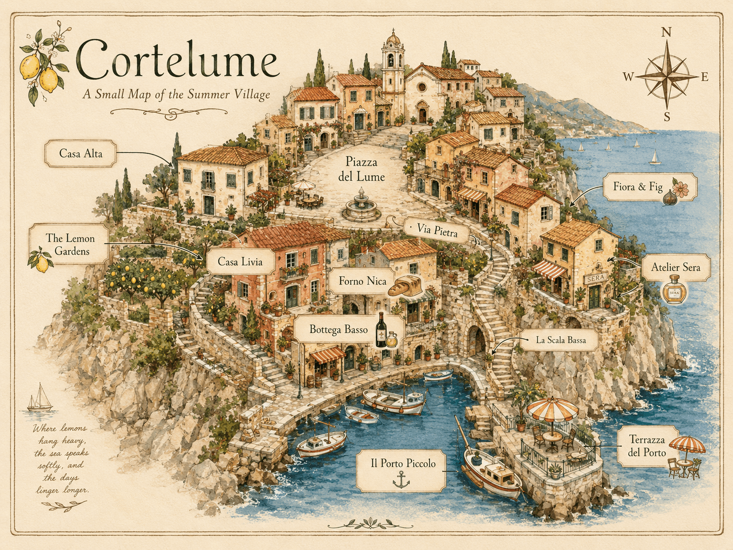 An illustrated map of Cortelume showing the piazza, the harbour, the lemon gardens and the village's winding stone streets.