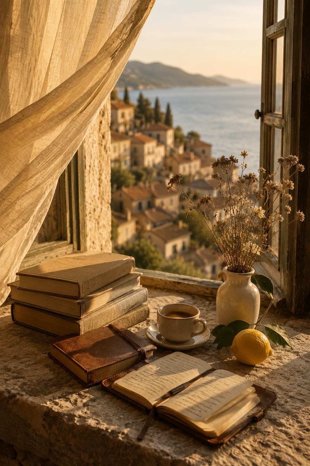 A stack of worn hardcover books and an open handwritten journal on a sunlit stone windowsill, with a cup of coffee, a lemon and dried wildflowers in a jug, overlooking a golden Mediterranean coastal village and the sea.