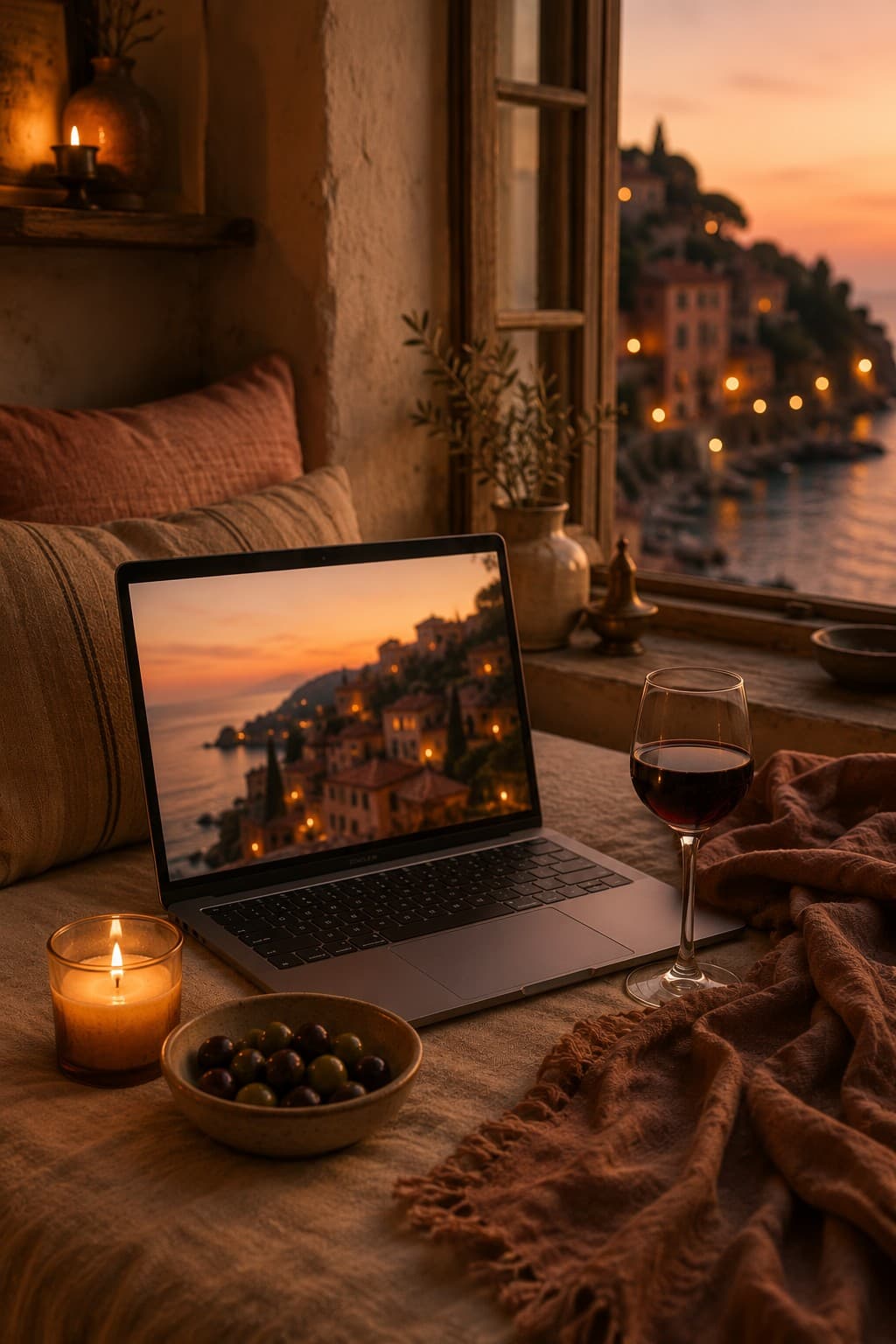 A laptop glowing with a sunset view of a coastal village, beside a glass of red wine, a lit candle and a bowl of olives on a cosy window seat overlooking the real lights of a harbour town at dusk.